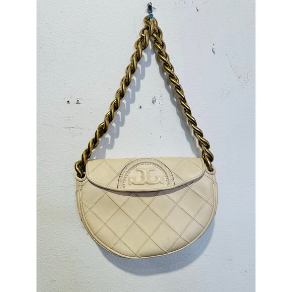 TORY BURCH Neutral White Leather Gold Chain Link Handle Shoulder Strap Bag Purse - Picture 2 of 14
